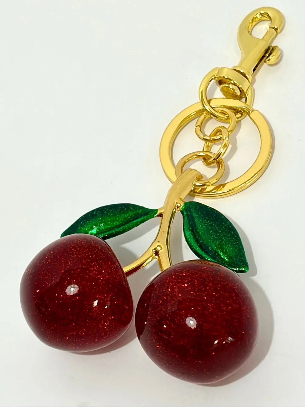 Gold-Tone Cherry Keyring/Bag Charm in Red & Green
